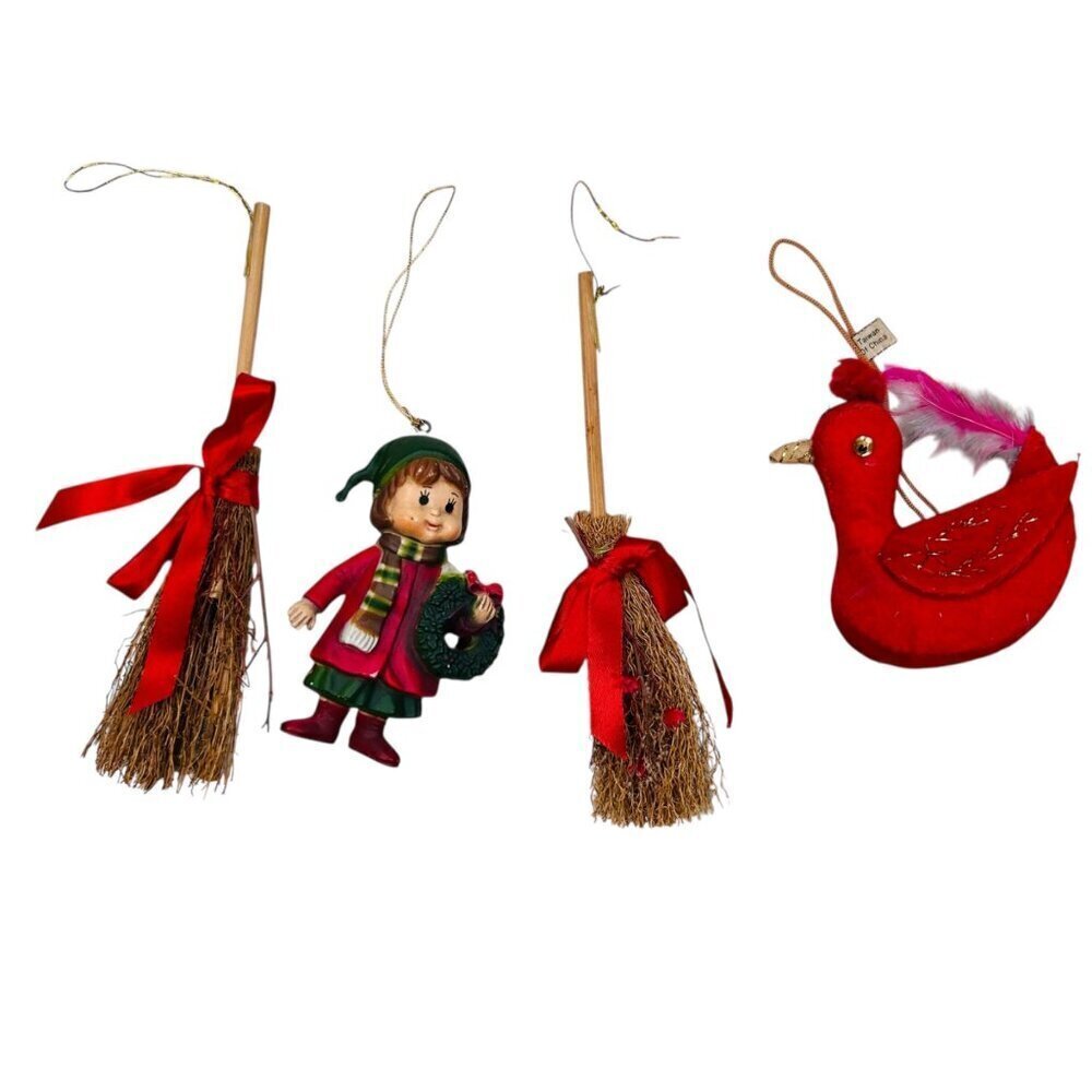 Vintage Christmas Ornaments Straw Broom Nostalgia Collectible Retro Cottage
